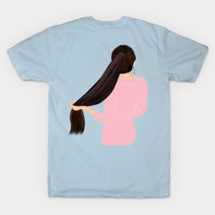 Cute Girl hiding face holding pony tail T-Shirt